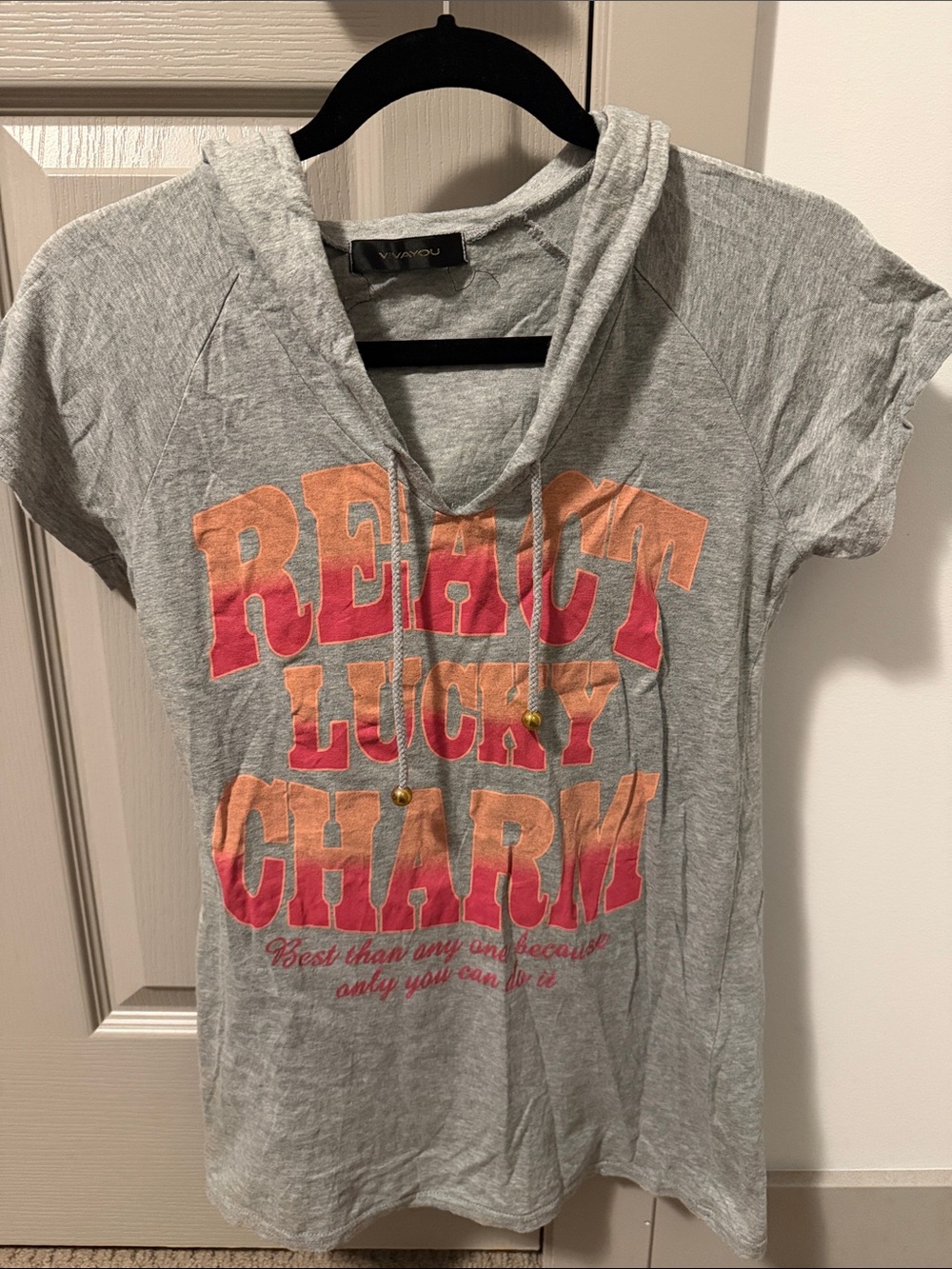 Grey Short-Sleeve Hoodie Tee with Pink and Orange Graphic